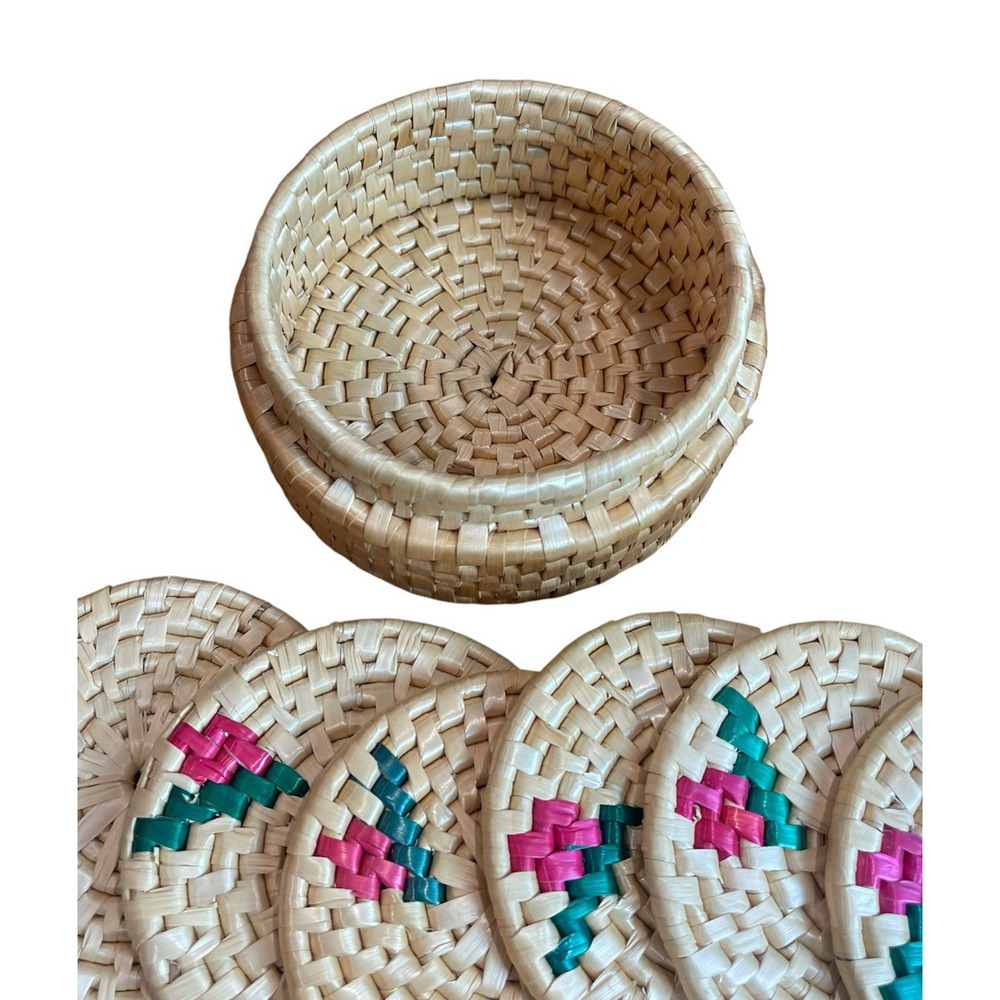 Vintage Woven Straw Coasters with Basket Wicker Rattan Coasters